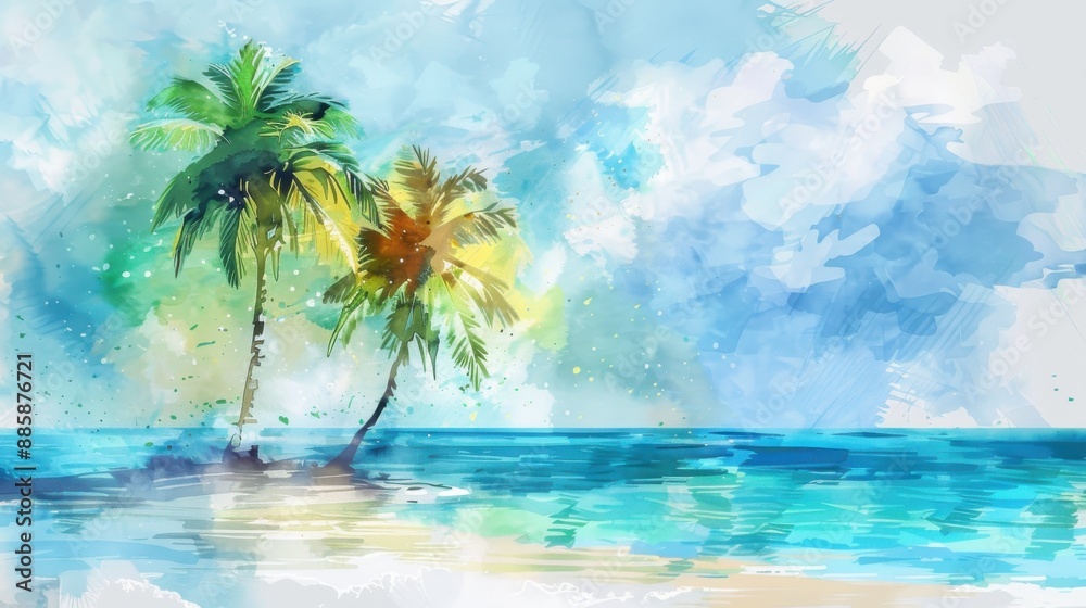 Fototapeta premium Beautiful watercolor painting of a tropical beach scene with palm trees, clear blue sky, and turquoise ocean. Perfect for relaxing backgrounds.