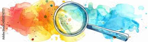 Colorful watercolor background with a magnifying glass, symbolizing search, exploration, and analysis. Vibrant colors blending seamlessly.