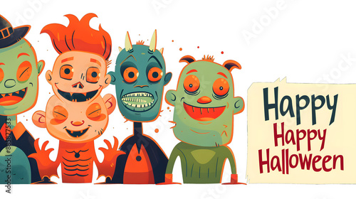 Halloween themed ghost, Frankenstine, zombie, pumpkin, mummy, cute character in children book illustration style for cards. photo