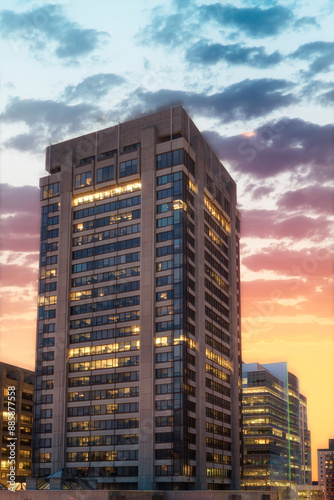 Wallpaper Mural Tall building during a sunset or a sunrise. The sky behind the building is painted with hues of pink, orange, and blue, indicating either dawn or dusk.  Torontodigital.ca