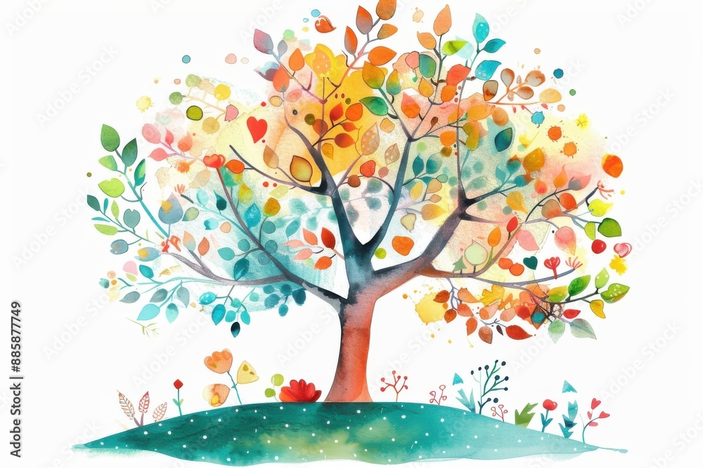 Obraz premium Vibrant watercolor painting of a tree in autumn colors, showcasing a beautiful blend of reds, oranges, yellows, and greens on a hill.