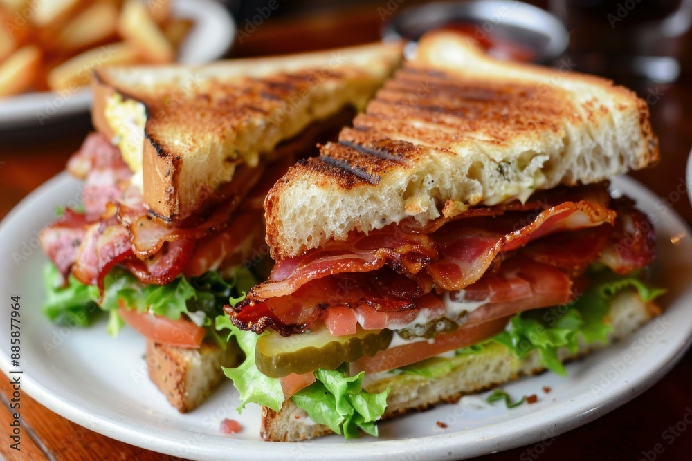 Blt sandwich being prepared with crispy bacon and toasted bread on a white plate Blt sandwich being prepared with crispy bacon and toasted bread on a white plate