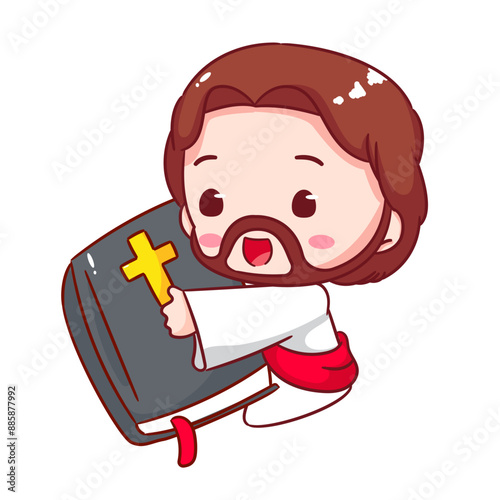Cute Jesus Holding Bible Cartoon Vector. Christianity Religion Concept Design. Adorable Chibi Jesus Christ Character Illustration. Isolated White Background.
