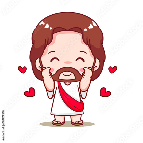 Cute Jesus Love Hand Sign Cartoon Vector. Christianity Religion Concept Design. Adorable Chibi Jesus Christ Character Illustration. Isolated White Background.
