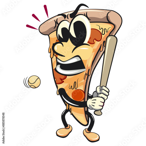 character of a slice pizza cartoon vector isolated clip art mascot illustration ready to hit with a baseball bat, work of hand drawn