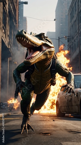 A photo of a crocodile running in the streets and burning organic monsters with a flamethrower with backpack