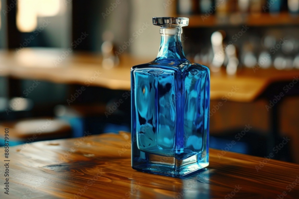 Blue glass decanter is sitting on a tabletop in a bar setting Blue glass decanter is sitting on a tabletop in a bar setting