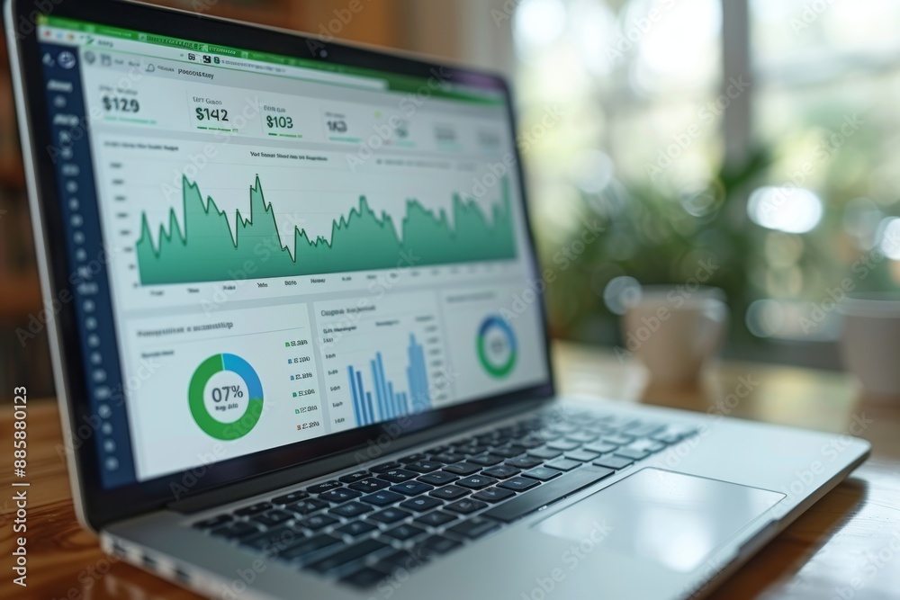 A Laptop Displaying Financial Data and Graphs in a Home Office Setting A Laptop Displaying Financial Data and Graphs in a Home Office Setting