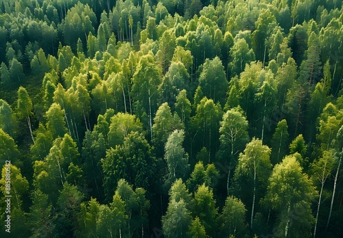 Aerial View of Lush Birch Forest in Summer