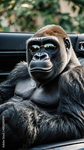 A photo of a Gorilla sitting on a luxury car sofa wearing transparent sunglasses and smiling slightly