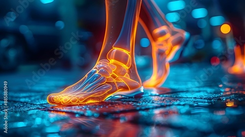 A person's feet are on the ground and surrounded by sparking light. This concept conveys danger and excitement, as the person is running through a powerful force.