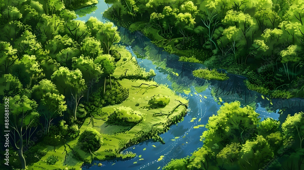 Impressionist Aerial View of Lush Forest and River Impressionist Aerial View of Lush Forest and River