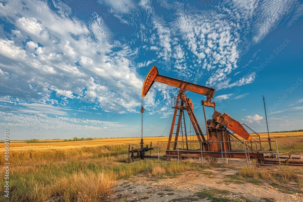 Fototapeta premium A large oil rig is in the middle of a field. The sky is clear and blue, and the sun is shining brightly. The oil rig is surrounded by a large, empty field
