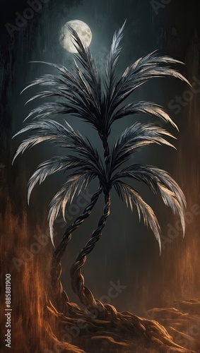 Photo of a hauntingly serene dark illustration featuring intricately detailed, twisted black palm branches and delicate white leaves