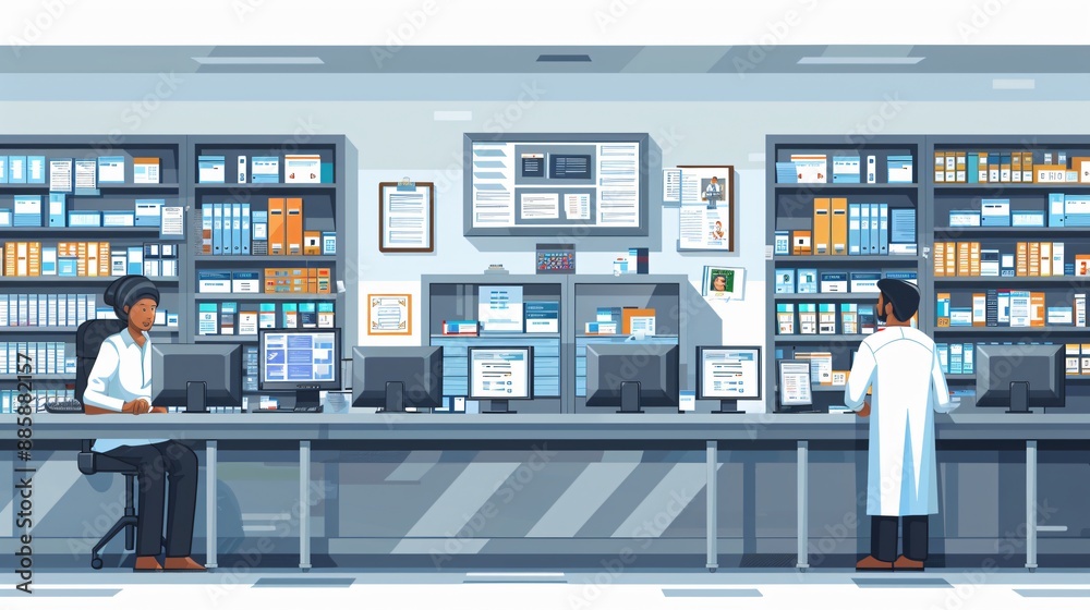 Two Pharmacists Working in a Modern Pharmacy Two Pharmacists Working in a Modern Pharmacy