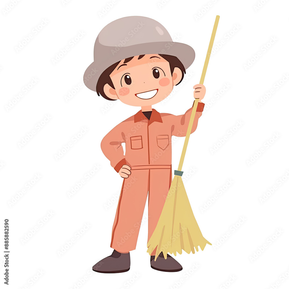 An illustration of a smiling boy street cleaner holding a broom An illustration of a smiling boy street cleaner holding a broom