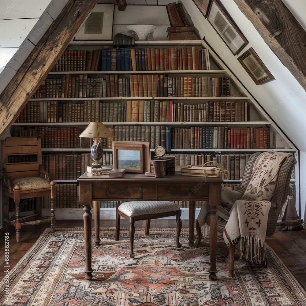 Obraz premium Timeless Study Area: Vintage Attic with Wooden Desk and Armchair