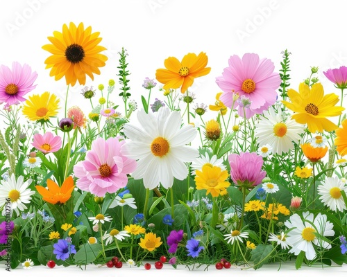 A Vibrant Bouquet of Colorful Wildflowers Including Sunflowers, Daisies, and Cosmos All Blooming in a Lush Meadow Setting on a Sunny Day