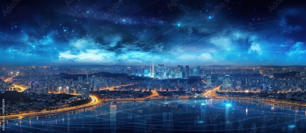 Fototapeta premium Nighttime Cityscape with Vibrant Lights and Starry Sky