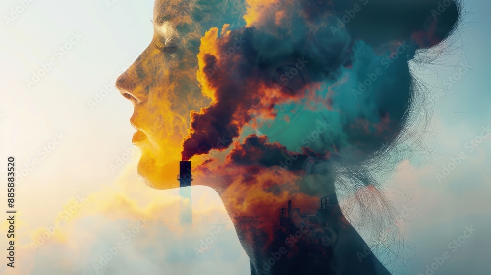 Double exposure concept showing a silhouette of a woman combined with pollution smoke, conveying environmental and pollution themes. Double exposure concept showing a silhouette of a woman combined with pollution smoke, conveying environmental and pollution themes.