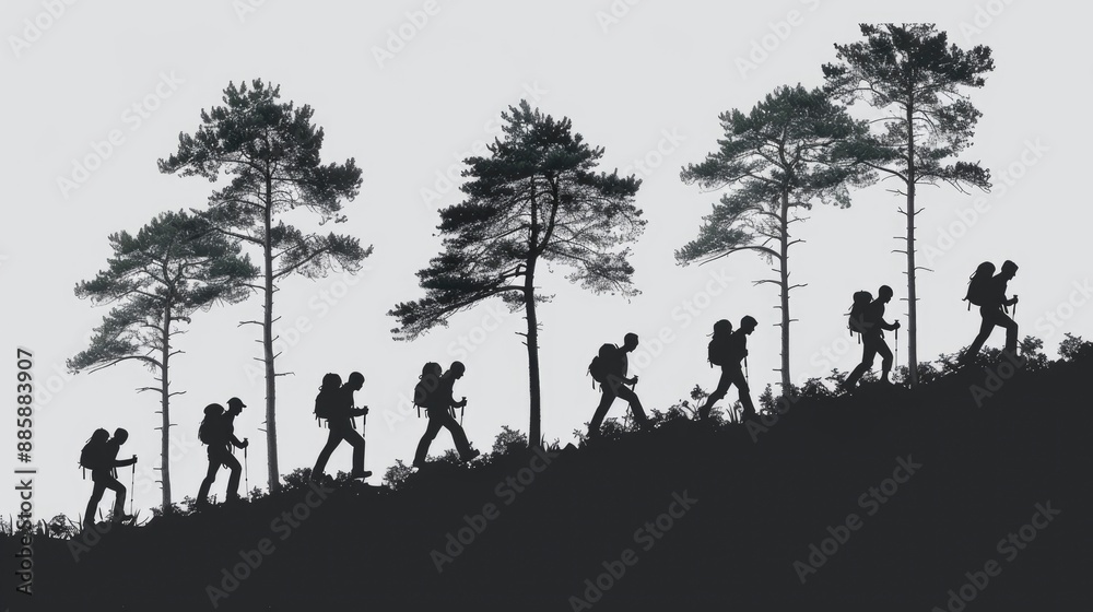 Minimalist poster of people hiking in the mountains, blocks, silhouettes of hikers, activities, climbing or walking Minimalist poster of people hiking in the mountains, blocks, silhouettes of hikers, activities, climbing or walking