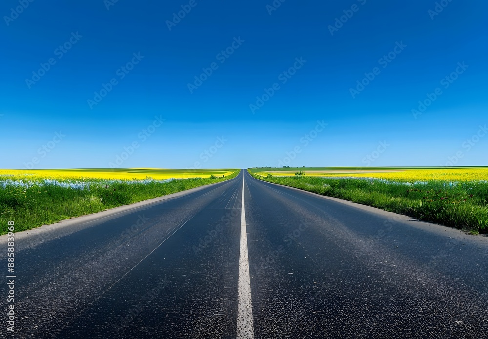 Asphalt Road Through Yellow Flower Fields