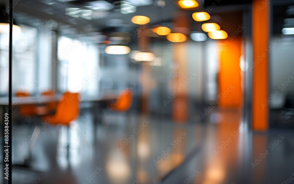 Fototapeta premium Blurred background of a modern office lobby with orange armchairs.