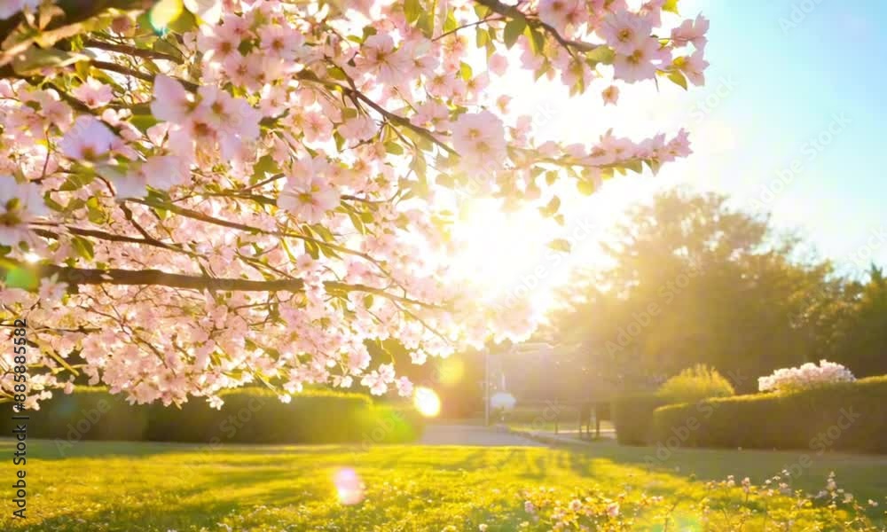 Pink cherry tree blossom flowers blooming in spring, easter time against a natural sunny blurred garden Pink cherry tree blossom flowers blooming in spring, easter time against a natural sunny blurred garden
