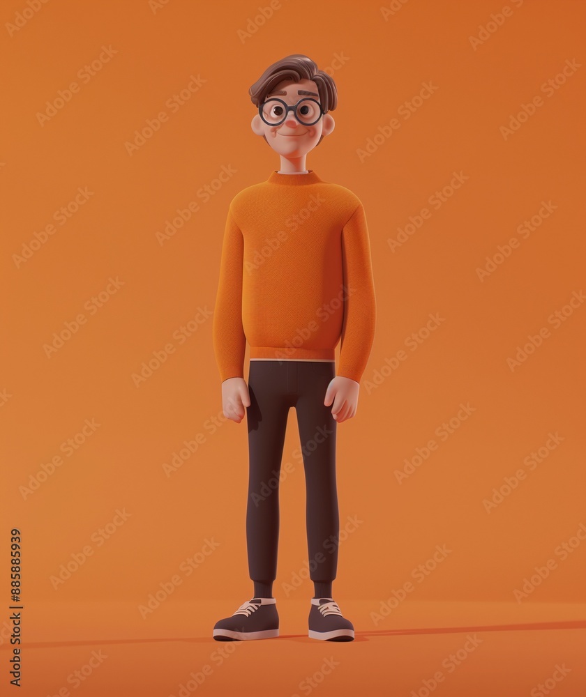 Fototapeta premium Modern 3D Illustration of a Young Man in Orange Sweater with Glasses on Orange Background
