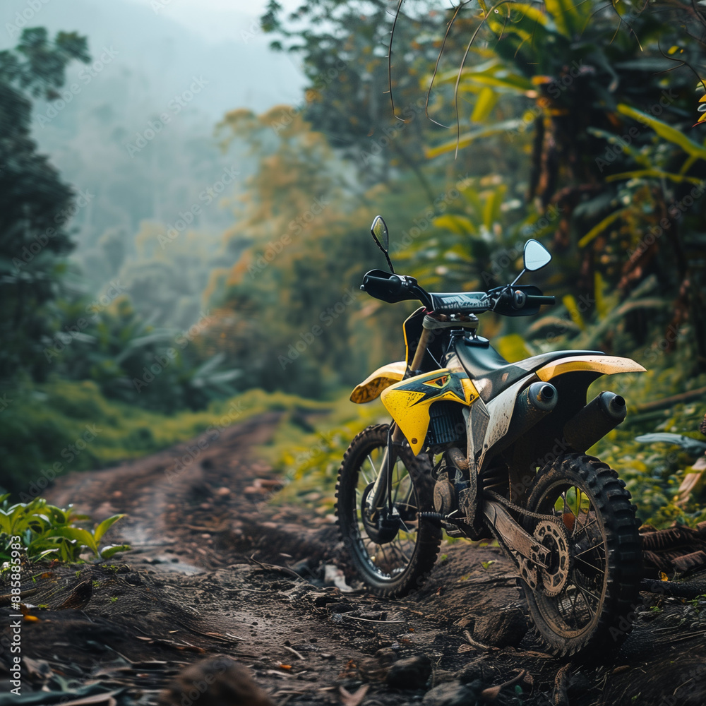 Obraz premium Off-Road Anticipation: A Dirt Bike Resting on a Trail in a Second Encounter