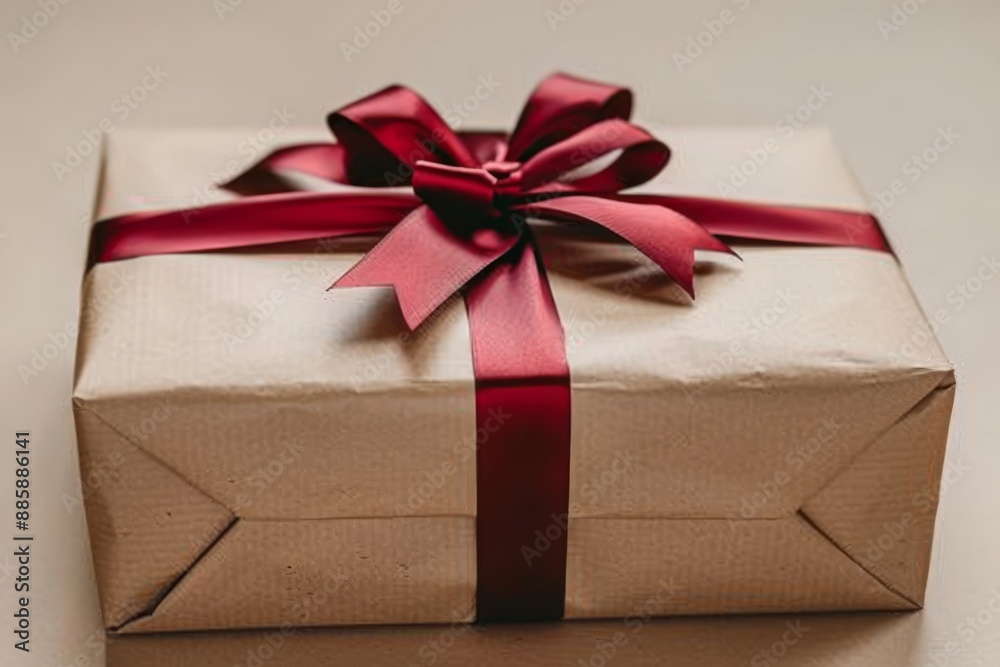 Brown Gift Box With Burgundy Ribbon Bow Brown Gift Box With Burgundy Ribbon Bow