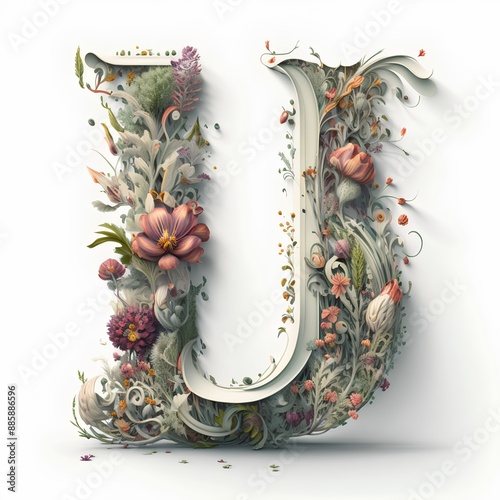 Floral capital letter Urated with flowers and leaves. 3D rendering photo