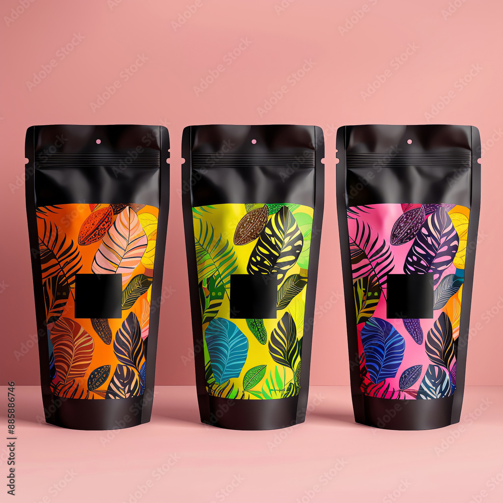 Fototapeta premium hot cocoa packaging design, cacao pods, in the style of modern, fun, colorful