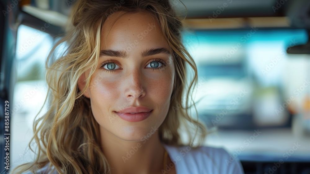 Beautiful woman with freckles. Caucasian girl looking at camera. Portrait of attractive blonde woman Beautiful woman with freckles. Caucasian girl looking at camera. Portrait of attractive blonde woman