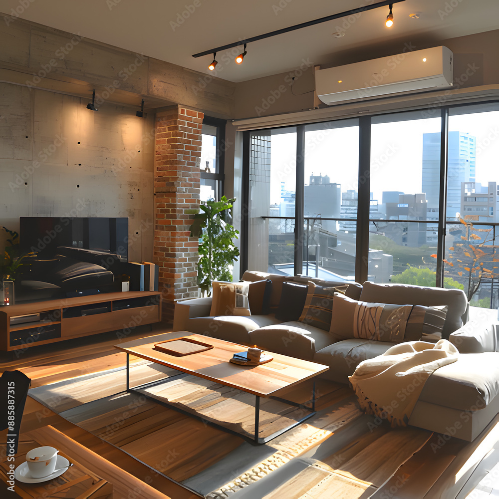 Naklejka premium modern living room with fireplace. Generative AI