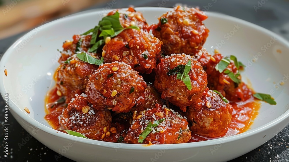Top-Down View of Homemade Meatballs in Savory Tomato Sauce Top-Down View of Homemade Meatballs in Savory Tomato Sauce
