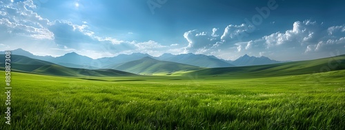 Tranquil Green Grassland with Distant Mountains