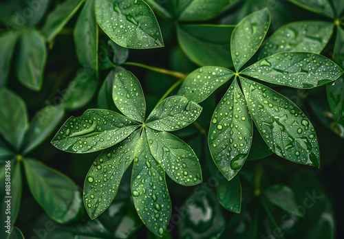 Dew Drops on Lush Green Tropical Leaves