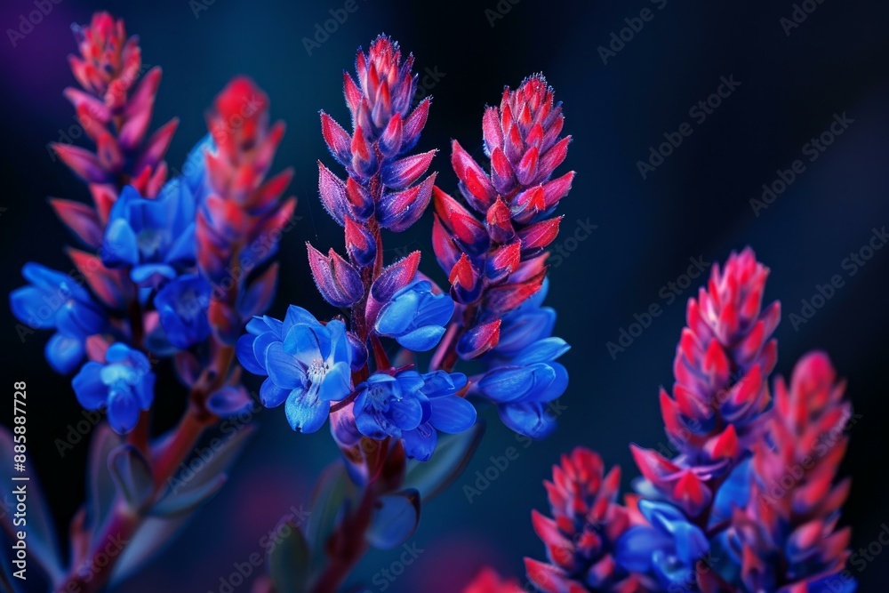 Blue and red lupine flowers are blooming in a spring garden with a blurred background Blue and red lupine flowers are blooming in a spring garden with a blurred background