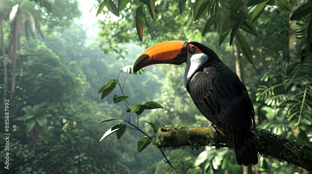 Obraz premium A toucan with a bright orange beak perched on a branch in a lush tropical rainforest.