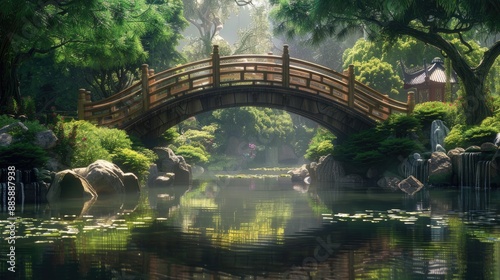 A bridge spans a river in a lush green forest. The water is calm and the trees are tall and green. The scene is peaceful and serene