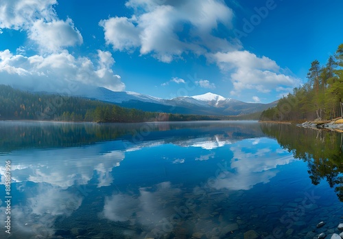 Mountain Lake Reflection With Blue Sky And Clouds