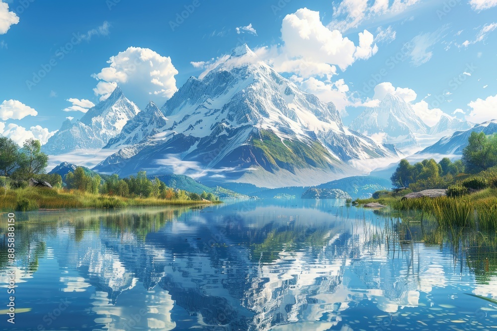 A beautiful mountain landscape with a lake in the foreground. The mountains are covered in snow and the sky is clear and blue A beautiful mountain landscape with a lake in the foreground. The mountains are covered in snow and the sky is clear and blue