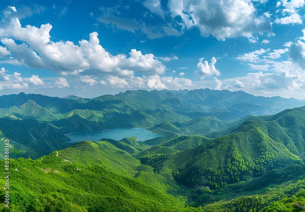 Panoramic View of Lush Mountain Range with Lake Panoramic View of Lush Mountain Range with Lake
