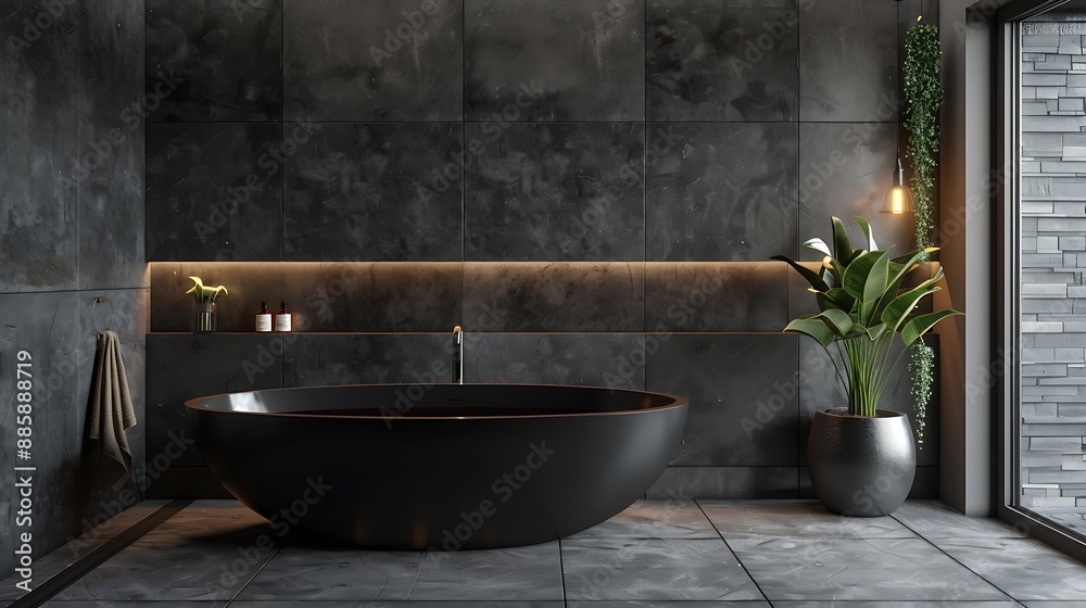 Modern Bathroom Interior Design with Black Bathtub and Greenery Modern Bathroom Interior Design with Black Bathtub and Greenery