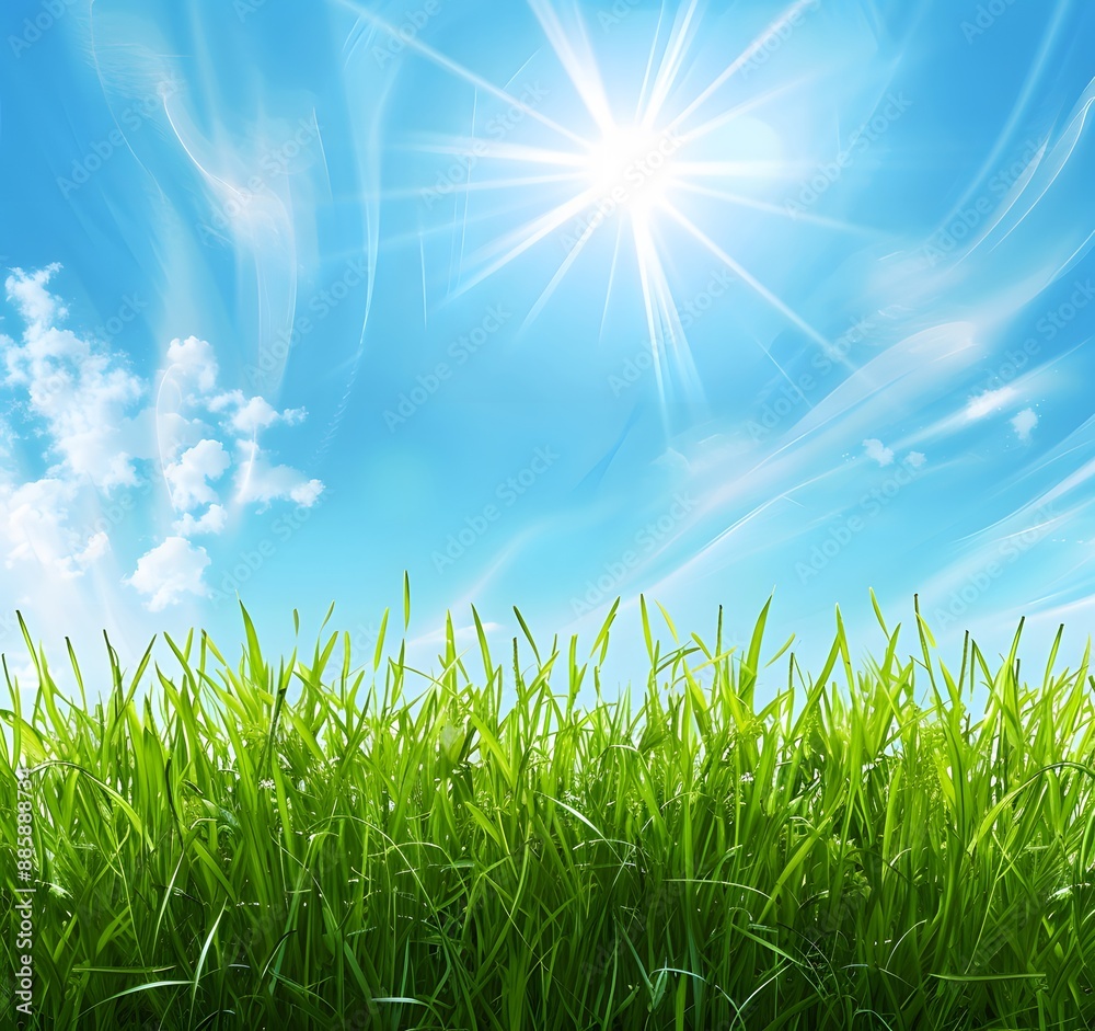 Fototapeta premium Sunny Spring Meadow with Blue Sky