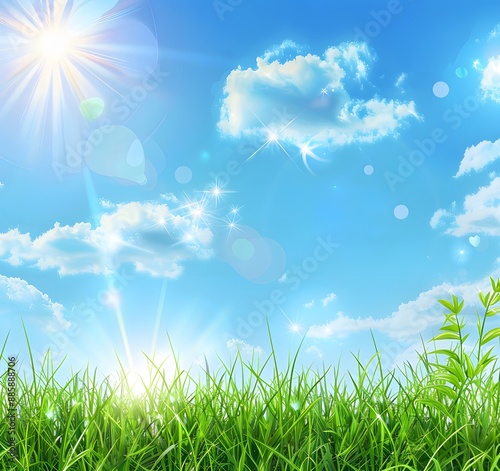 Sunny Spring Meadow Landscape with Blue Sky