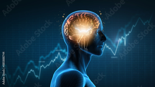  human brain highlighting neural activity and connections, with a background of fluctuating graph lines representing data analysis.