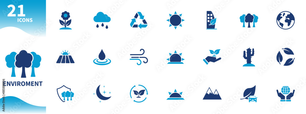 Environment icon. Set of icons for environmental protection, earth, seeds, forest, water, wind, cactus