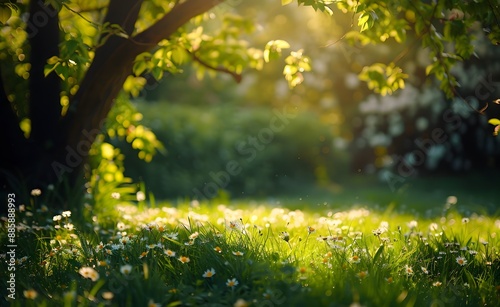 Sunlit Spring Meadow with Flowers and Tree